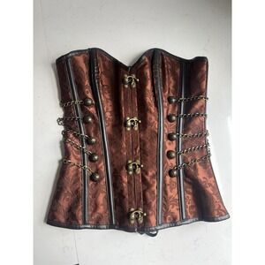 SteamPunk Corset Brown Red Brocade Victorian Gothic Bustier Top Chains & Clasps